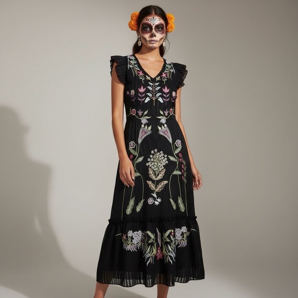 Not So Serious by Pallavi Mohan Black Embroidered Maxi Dress - Size 8 - Picture 2 of 10
